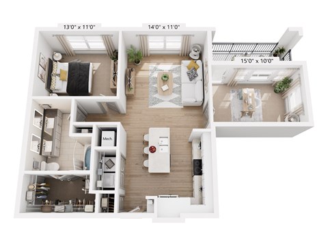 Floor plan for 1 bed, 1 bath, 961 sqft